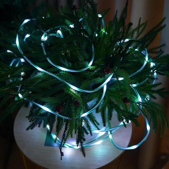 QITONG Solar Christmas Lights Outdoor, 2 Pack Each 33ft 100 LED Green and White Candy Cane Rope Lights, Fairy Lights in Clear Thin Tube with 8 Modes