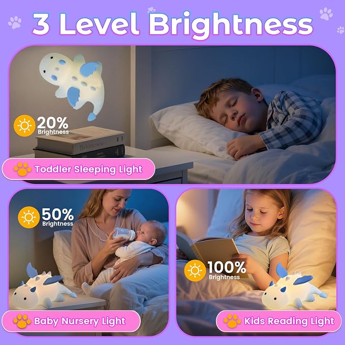 AVEKI Blue Dragon Night Light, Cute Baby Dragon Lamp Gifts for Kids Boys Girls, 10 Modes Dimmable Squishy Silicone Nursery Nightlight, Rechargeable Kids Lamp with Auto Off Timer