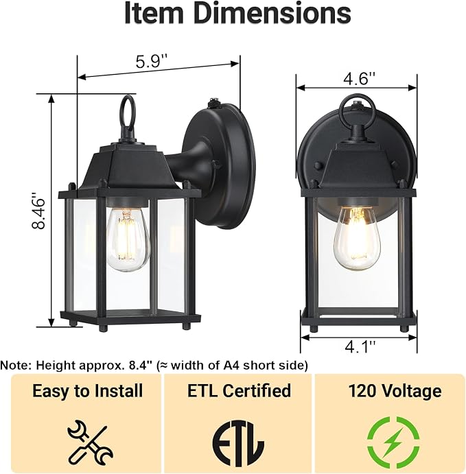 Outdoor Wall Light Fixture, Rustproof Aluminum, Clear Glass | Dusk to Dawn Exterior Porch Light Wall Sconce Lantern for House, Patio, Garage, Waterproof, E26 Socket 60W Max, Black, 1 Pack
