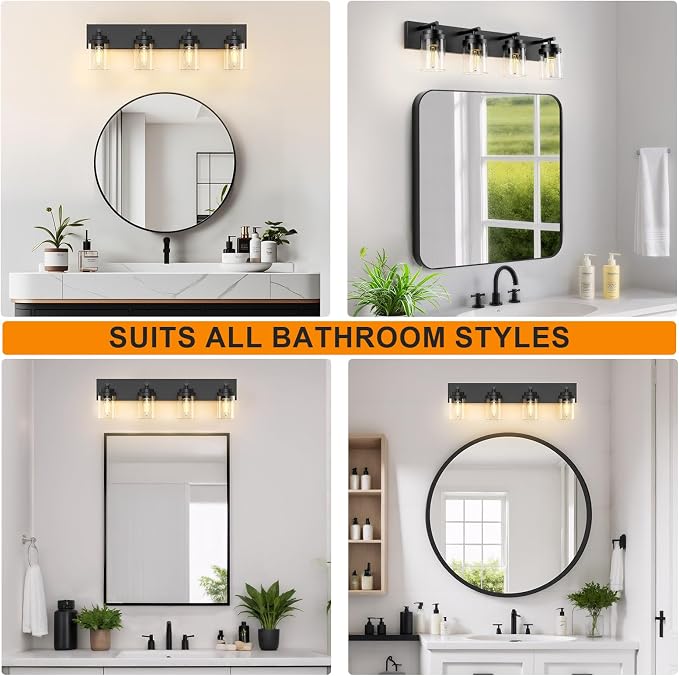 IZORRO Bathroom Vanity Light Fixture, 4-Light 30 Inch Matte Black Bathroom Light Fixtures Over Mirror, with Clear Glass Shade, Modern Farmhouse Vanity Lights, Rustic Restroom Lighting Fixtures