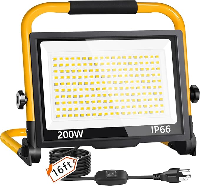 24000LM Work Light with 16FT Cord & Switch, IP66 for Construction Job Site | 200W LED Flood Light Plug in Ultra Brighter, Portable Worklight with Stand, 5000K Daylight for Workshop Camping Outdoor