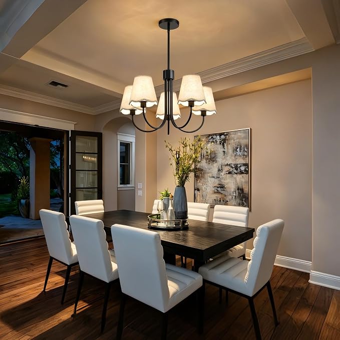 RUIYEY Modern Dining Room Chandelier - 20" 5-Light Black Chandeliers Light Fixture with Fabric Shades, Height Adjustable Mid-Century Pendant Lighting Over Table for Bedroom Living Room Kitchen Island
