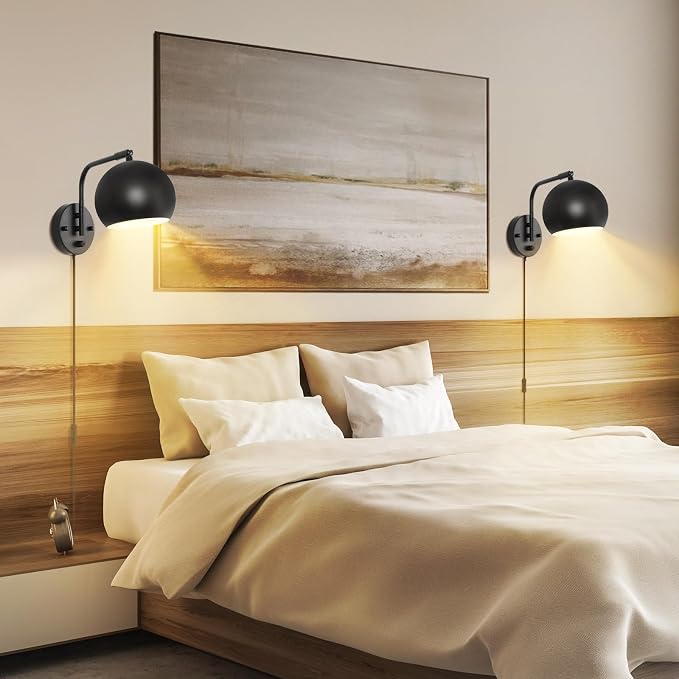 VATONI Dimmable Wall Sconces Set of 2, Plug in Wall Sconces Swing Arm Wall Lights with Plug in Cord and Dimmer On/Off Knob Switch, Black Globe Wall Light for Bedside Bedroom Bathroom(2 Bulbs Included)