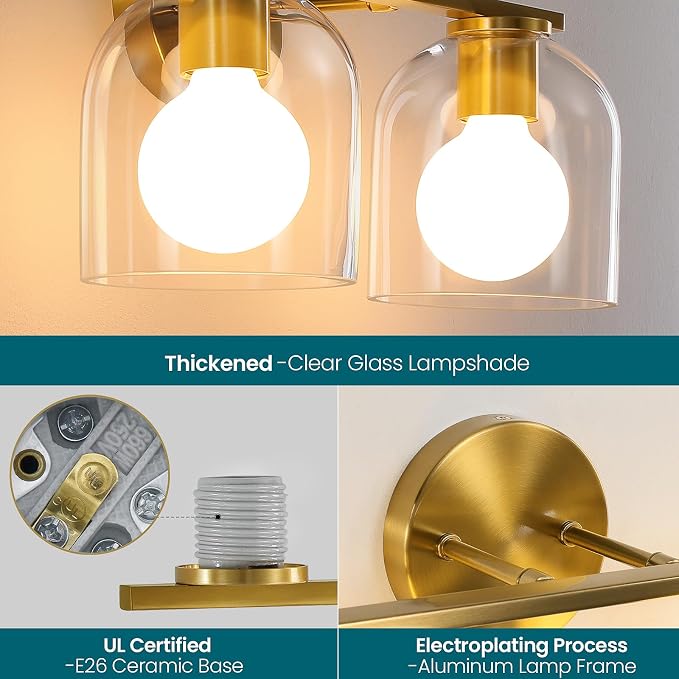 WOSHITU Bathroom Vanity Light Fixtures: 14.2 Inch Modern Gold Bathroom Light Fixtures Over Mirror with Clear Glass Shade, Brushed Gold 2 Light Wall Mount Sconces Above Mirror