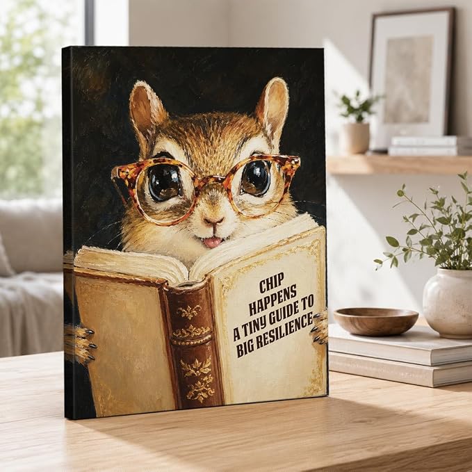 NSFBESSLIA Funny Reading Chipmunk Painting, Whimsical Vintage Animal Decor, Chip Happens, Cute Cottagecore Wall Art for Living Room Bedroom Entryway, 8x10 Inch