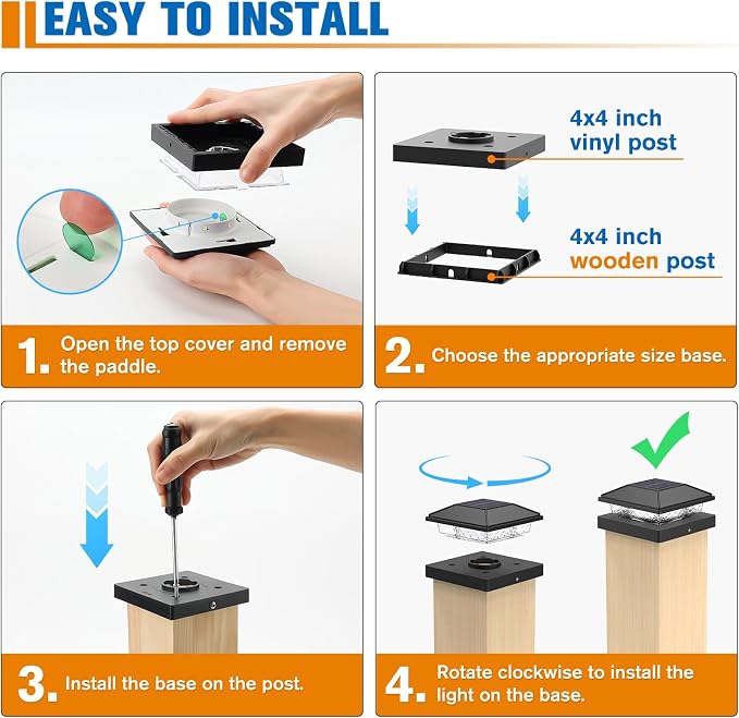 Solar Post Cap Lights,4x4 Post Solar Light,Warm White,16 Pack Black | Fence Post Solar Lights for 4x4 Post Caps Wood Vinyl, IP64 Waterproof Solar Post Lights Outdoor, Solar Deck Post Lights