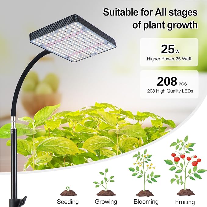 25 Watt Grow Light with Stand, Enough Bright, NO Need Adapter, 4/8/12/16/20H 5-Mode Timer, Natural Sunlight Full Spectrum Plant Growing Lamps for Tall Houseplants & Bonsai Tree