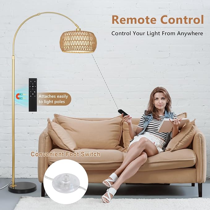 Gold Floor Lamps for Living Room, Arc Floor Lamp with Remote & Dimmable Bulb, Boho Rattan Standing lamp with 3 Color Temperatures, Height Adjustable Tall Lamp for Bedroom, Over Couch Reading Lamp