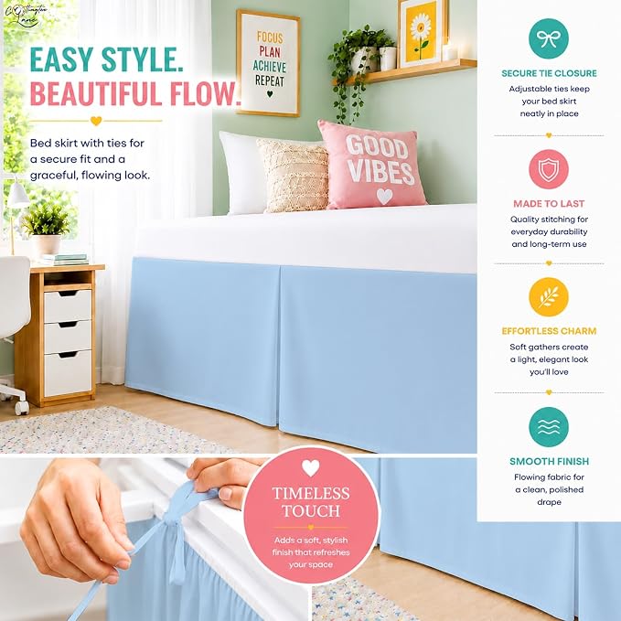 Cottington Lane Tailored Box Pleated College Dorm Bed Skirt Twin XL, Hotel Quality Premium Brushed Microfiber Extra Long Bedskirt Twin XL 60 Inch Drop, Light Blue Dorm Bedding