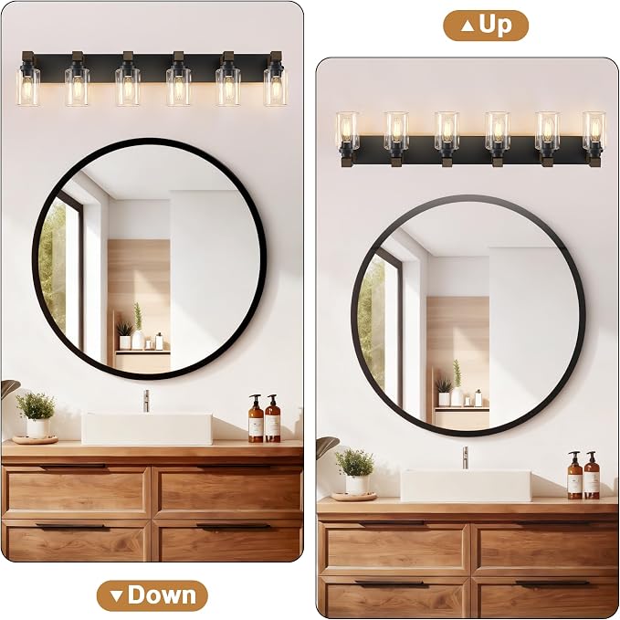 Farmhouse 6-Light Bathroom Vanity Light Fixtures, Black and Wood | 43.3″ Rustic Matte Black Metal Frame, Clear Glass Shades, Vintage Wall Sconces Lighting Over Mirror, for Bathroom Restroom