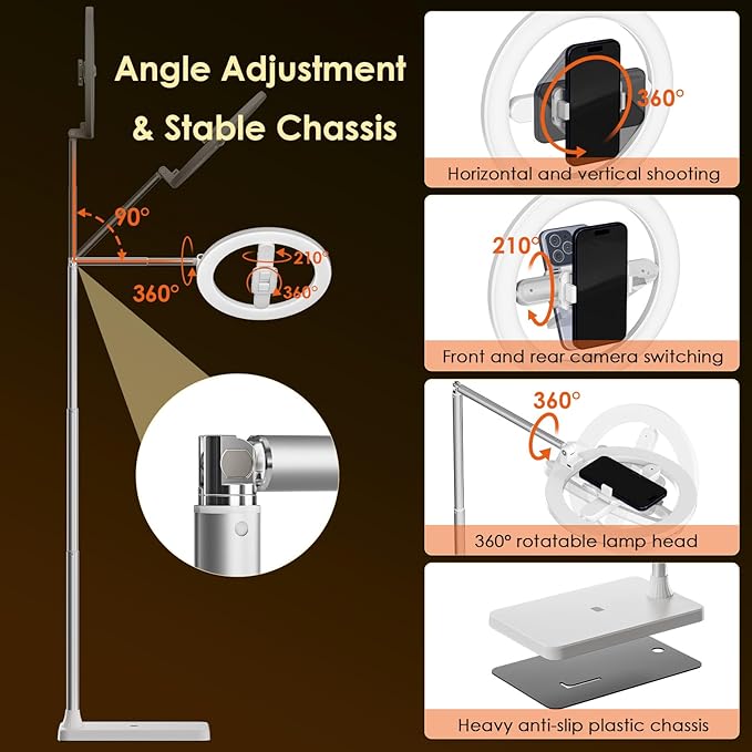 10" Selfie Ring Light with Stand, Tall Adjustable Overhead Phone Mount with LED Light, Phone Holder with Camera Remote for TikTok, YouTube, Live Streaming, Video Recording