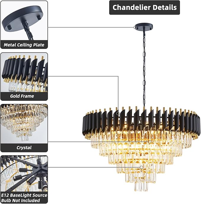 Modern Crystal Chandeliers 6 Tiers for Dining Room 16-Light Black and Gold Chandelier Living Room Round Contemporary Ceiling Hanging Light Pendant Light Fixture for Entryway Foyer Staircase