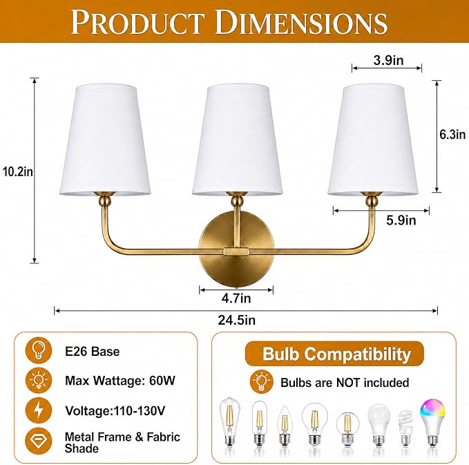 Bathroom Light Fixtures,3-Light Brushed Gold Vanity Lights,Lighting Fixtures Over Mirror with White Flared Fabric Shade,Modern Wall Sconce for Bathroom,Bedroom,Living Room,E26 Socket