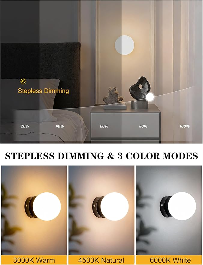 Battery Operated Rechargeable Wall Sconce Single, Matte Black Opal Glass Globe Wall Lamp, Wireless Touch & Remote Control, Dimmable 3 CCT + 12 RGB Colors for Bedroom Living Room Hallway