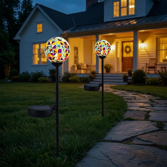 VCUTEKA Decorative Solar Garden Lights, 3.5" Mosaic Globe Outdoor Stake | Mosaic Glass Globe Design, Solar LED Light, Waterproof Design, Auto On/Off and Metal Stake Design for Lawn and Patio