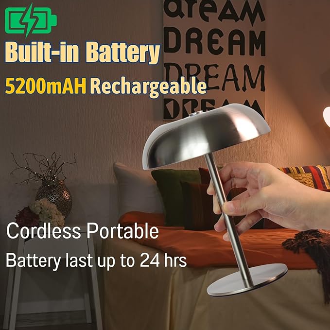 Portable LED Mushroom Table Lamp, 8.46'' Small Cordless Desk Night Light with 5200mAh Rechargeable Battery, Stepless Dimming Lamp with 3 Colors for Bedroom/Bar/Coffee Shop (Silver)