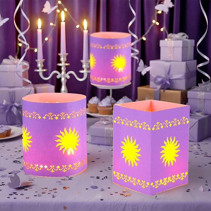 20 Pack Princess Sun Hanging Lanterns with LED Light Purple Princess Hanging Paper Lanterns DIY Set Sun Cutout Square Round Decorations for Photo Props Birthday Party(Purple)
