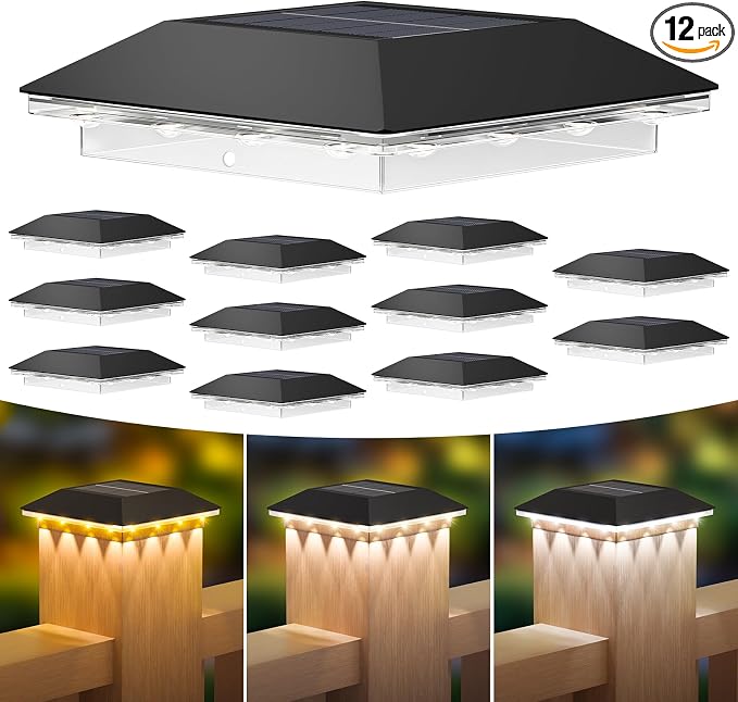 12 Pack 4x4 Solar Post Light, 3 Mode Wooden Vinyl Fence Cap, Black | 3 color temperatures, Waterproof LED Solar Post Lights, Patio Porch Decor, Only Fit Two True Size Post: 3.5''x3.5'', 4''x4''