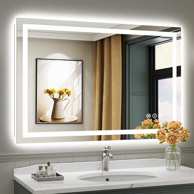 48x32 Inch LED Bathroom Mirror with Lights, Backlit & Front Lit | Anti-fog, 3 Color Dimmable, Memory Function, HD Reflection Tempered Glass, ETL Listed, IP54 Waterproof