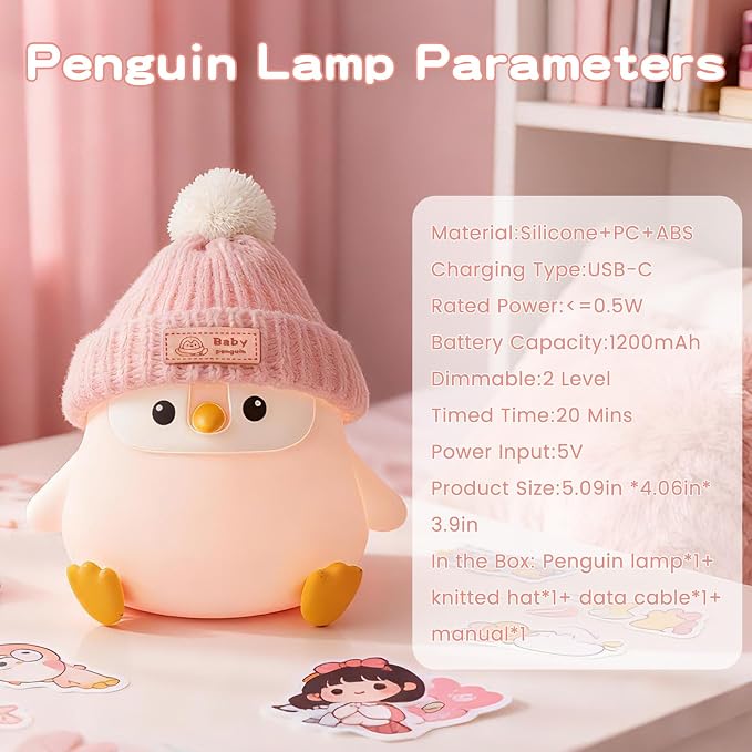FAMIDUO Penguin Night Light,Cute Pink Penguin Lamp with Hat,Kids Room Decor | Safe Silicone Nursery Nightlight ,Rechargeable/Dimmable/Timer LED Squishy Animal Bedside Touch Lamp,Funny Gift for Girls
