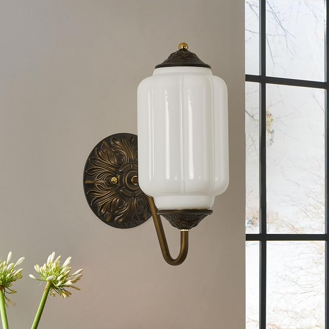 Vintage Milk Glass Wall Sconce - Antique Brass Gold Dimmable Sconce Bulb×1 | Mid Century,Up or Down Install,Art Deco Retro Vanity Light Fixture for Hallway Bathroom Bedroom Bedside Living Room