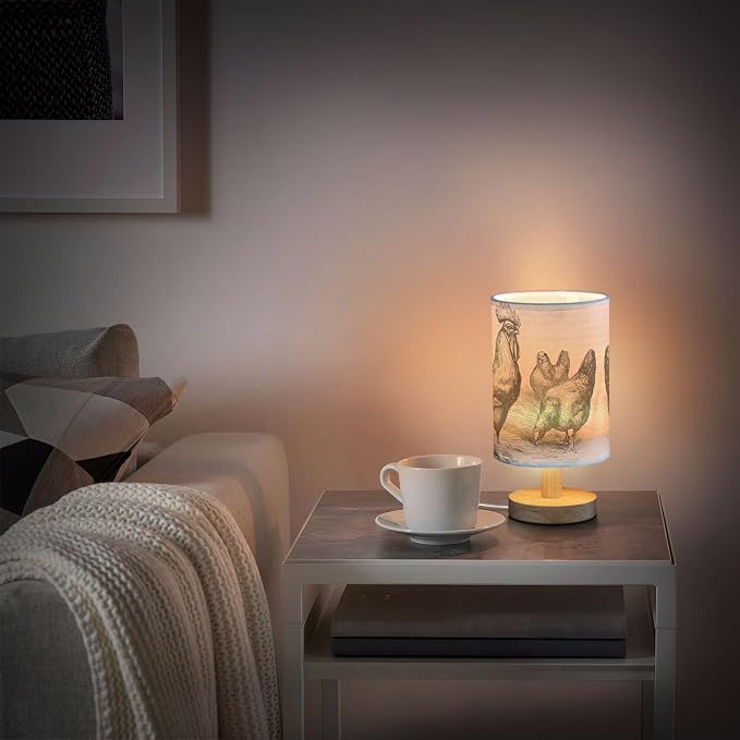 Table Lamp Retro Vintage Rooster Chicken Nightstand Lamp with Wood Base Fabric Lamp Shade Bedside Desk Lamp for Living Room Bedroom Kids Room Office