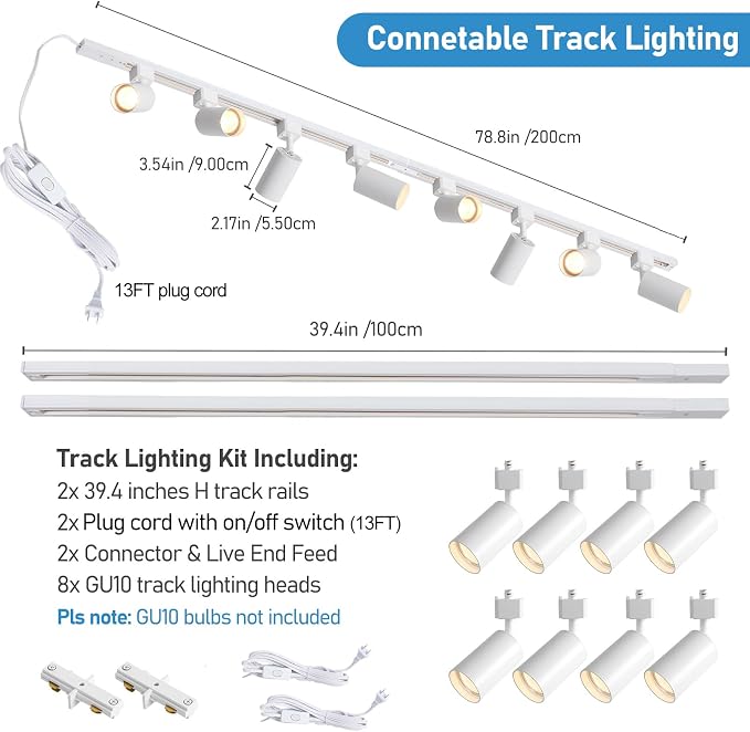 Plug in Track Lighting with Power Cord, 8 Light LED Track Lighting Kit with Connectable Rails, GU10 Kitchen Track Lighting Fixtures Wall Mounted Plug in Ceiling Light White - No Bulbs