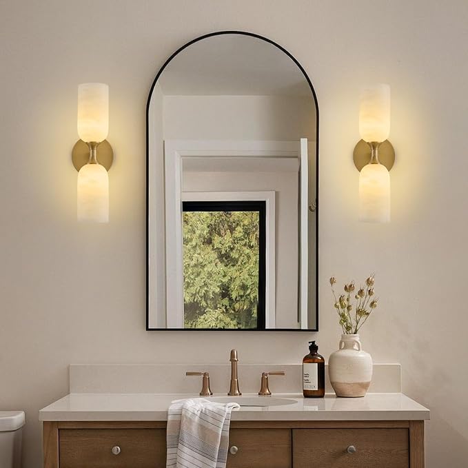 14" Natural Alabaster Sconce, Vintage Brass Marble Wall Light | Natural Spanish Alabaster, Modern Vintage Style, Unique Marble Veining, Solid Brass Construction, Dual Installation Options