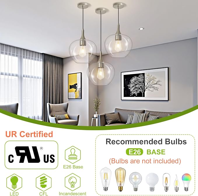 9.45in Nickel Pendant Lights Kitchen Island with Clear Glass Shade 1Pack | Handcrafted Glass Pendant Light Fixtures, UL Certified, E26 Base 100W Max, Height-Adjustable, Dimmable Hanging Pendant Light