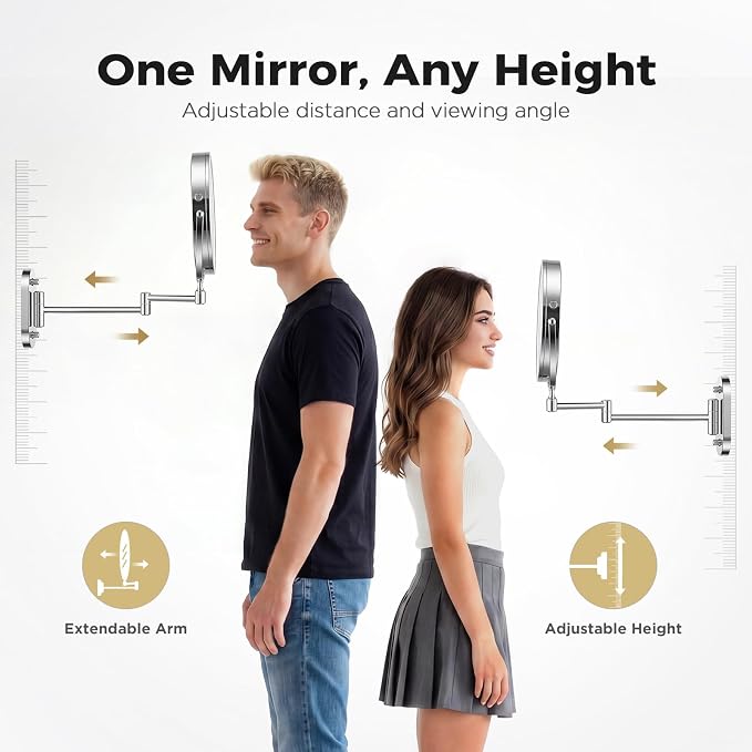 Wall Mounted Makeup Mirror, 8 Inch, 1X/30X, Rechargeable 4000mAh | Double-Sided LED Mirror with Extendable Arm and 360° Swivel for Makeup, Skincare, Shaving, and Bathroom Vanities