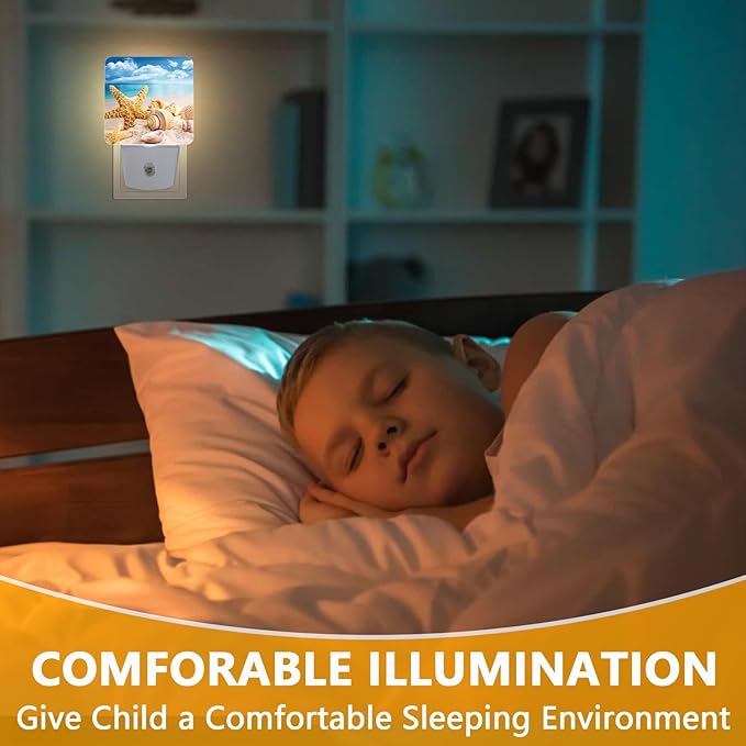Ocean Beach Summer Night Light, Plug-into Starfish Seashell Sea Nightlight White LED Lamp, Energy Efficient Decor Desk Lamp for Bedroom Hallway Stairs Bathroom