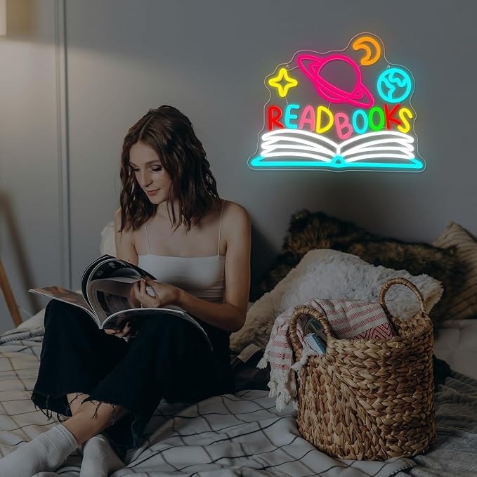 Read Books Neon Sign Dimmable Planet and Book Neon Light for Wall Decor | USB Powered Read LED Neon Signs for Classroom Reading Room Bookstore Library Bedroom Study Room Bookish Decoration for Teens