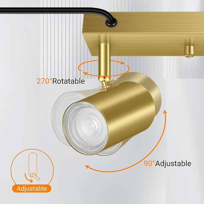 Plug-in Track Light Fixtures Ceiling Kit, 3 Head Track Lighting with 15ft Power Cord, GU10 Base 35W Max, Adjustable Spotlight for Kitchen, Bedroom, Office, Hallway, Gold Finish
