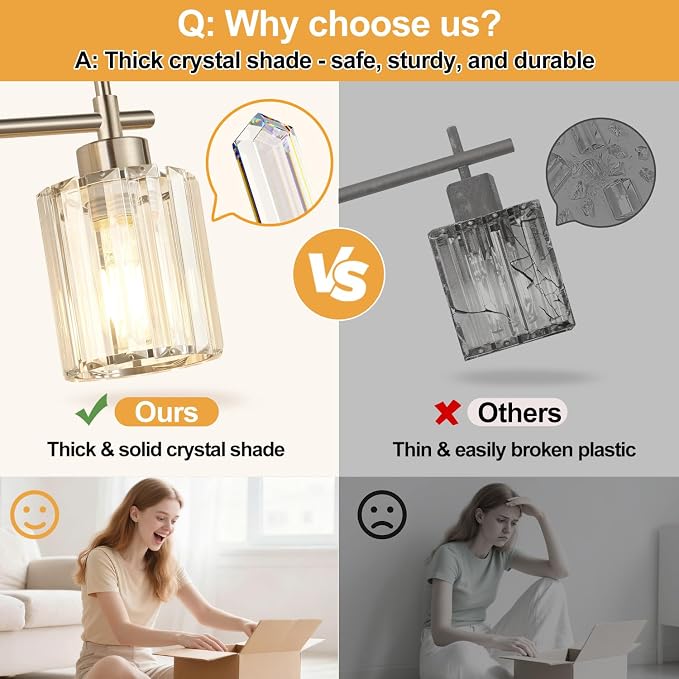 3-Light Bathroom Vanity Light Fixture, Brushed Nickel Bathroom Light with K9 Clear Crystal Shades, Modern Wall Sconce Lighting for Bathroom Mirror, Bedroom, Hallway