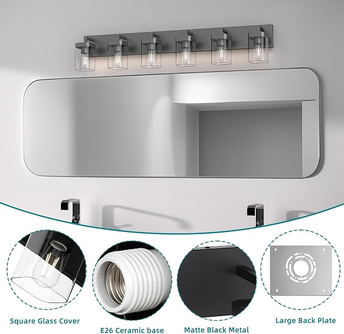 Bathroom Vanity Light, Square Design 6 Lights Morden Bathroom Lighting Fixtures Over Mirror, Black Vanity Light for Living Room/Bedroom