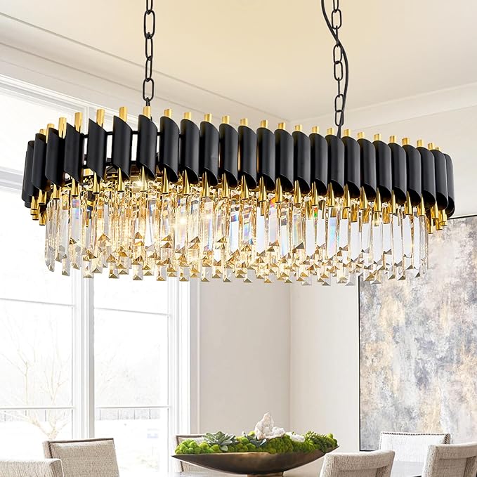 L33 Black and Gold Crystal Chandelier Large 8 Light 3-Tier K9 Crystal Raindrop Chandelier Flush Mount Ceiling Light Fixture for for Dining Room Kitchen Island
