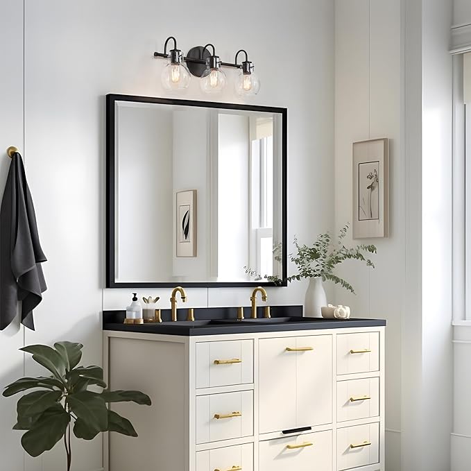 KSANA Black Bathroom Light Fixtures, 3-Light Modern Farmhouse Black Vanity Light with Clear Glass Shade Over Mirror for Hallway, Kitchen, Bedroom, and Living Room