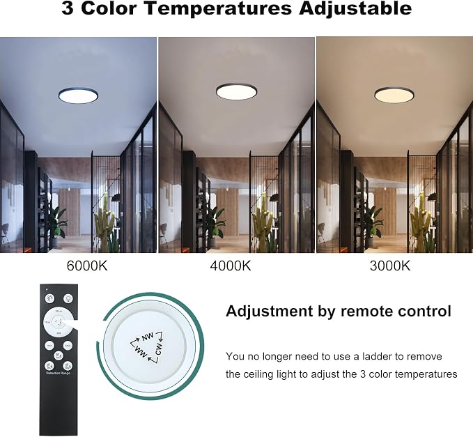 12in Motion Sensor Ceiling Light Indoor, 24W 2400LM, Black | Hardwired Flush Mount, Remote Dimmable, 3000K/4000K/6000K, Closet Hallway Porch Laundry Stairway Basement