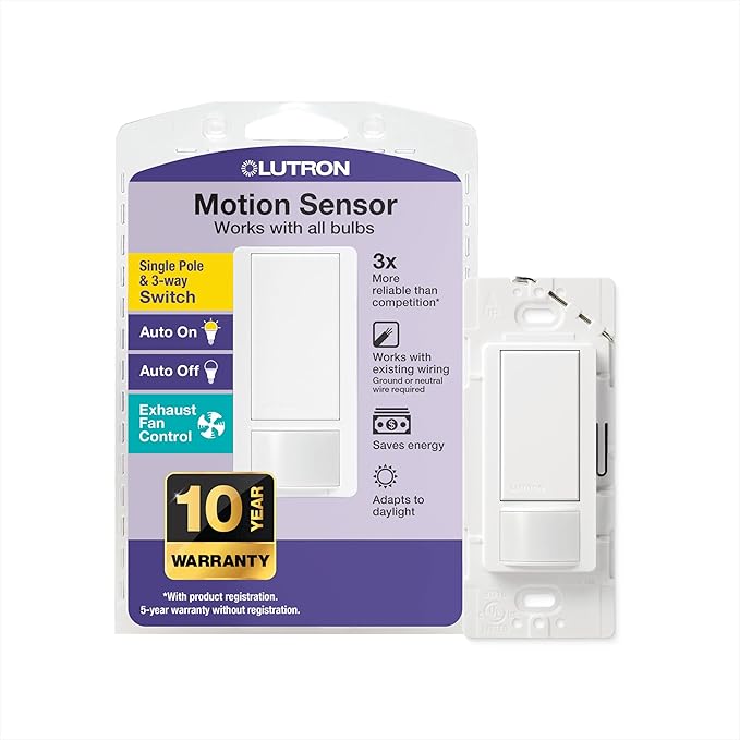 Lutron Maestro Motion Sensor Light Switch Indoor for Bathroom, Garage, Laundry Room, Closet, Occupancy Sensor Light Switch, Single-Pole, No Neutral, MS-OPS5M-WH