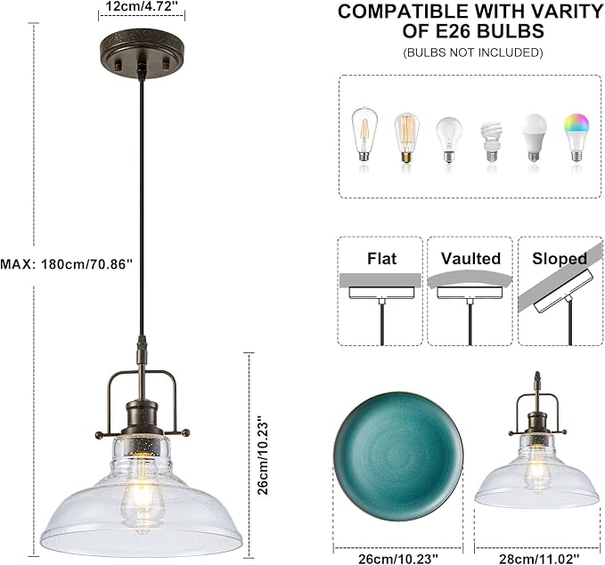 WILON Seeded Glass Modern Pendant Light for Kitchen, Rust | 11'' Seeded Glass Shade, Adjustable Height, E26 Ceramic Socket, 60W MAX, Farmhouse Style for Dining Room Kitchen Over Sink