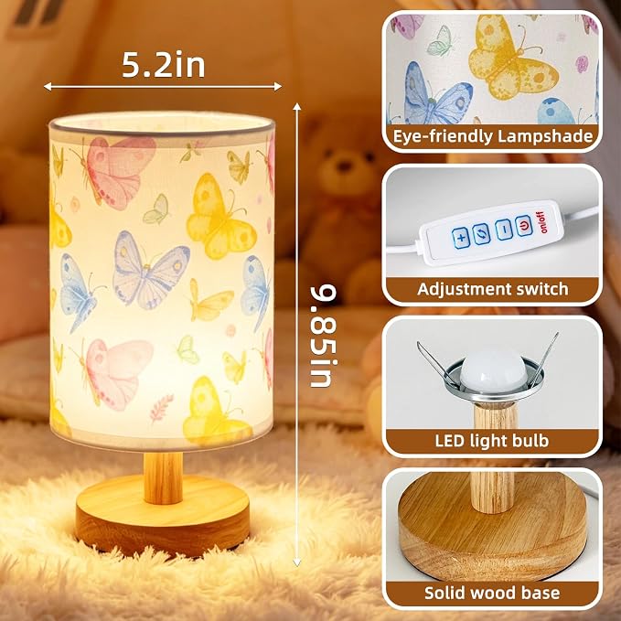 Butterfly Kids Table Lamp for Bedroom Girls Bedside Lamps,Butterfly Birthday Gifts for Girl,3 Colors Dimmable Nightstand Night Light with Cartoon Lampshade Desk Lamp for Girls Boys Room Nursery Decor