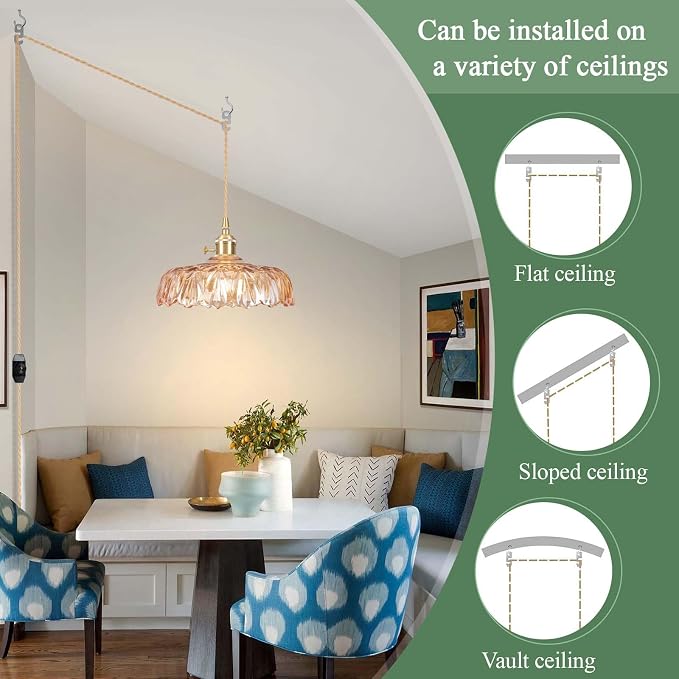 Plug in Pendant Light Fixtures,Amber Glass Lampshade Pendant Lighting 9.4in E26 Hanging Light FixtureCorded On/Off Switch for Kitchen Island, Bedroom, Dining Room
