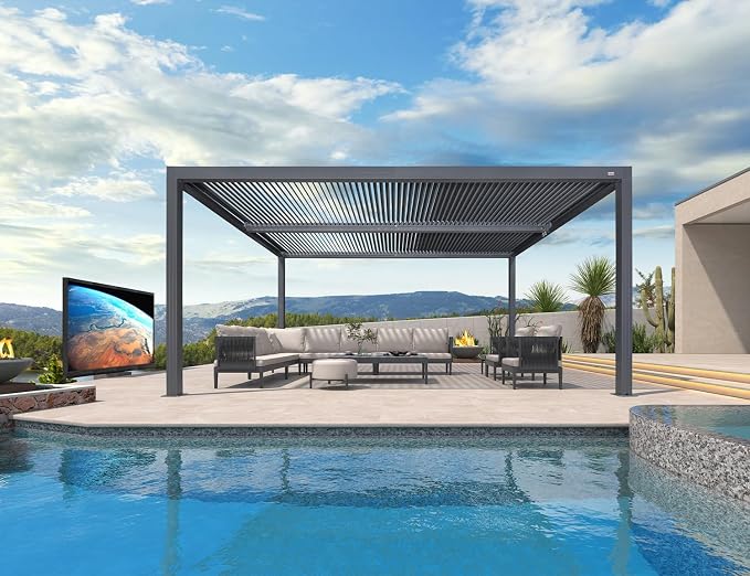 PURPLE LEAF Louvered Pergola 94AS 12' x 16' w/ 1L2W Side Shade Screen Grey | Rainproof System, Two Adjustable Roofs, 53Mph Wind Resistant, Plus Textilene Sunshade (UV Block + Breeze), Taller Design