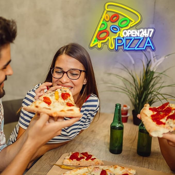Pizza Open 24/7 Neon Sign Dimmable Food Neon Light Sign for Wall Decor Snacks Led Signs for Business Pizzeria Kitchen Restaurant Fast Food Store Dinning Room Bar Party Decor 16.5" x 12.6"