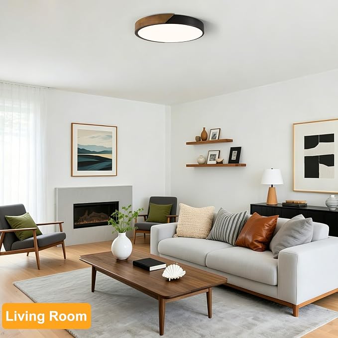 Modern LED Ceiling Light, Brown Walnut Wood Minimalist Flush Mount Ceiling Light Fixture, Dimmable Circle Lighting Lamp with Acrylic Lampshade for Bedroom Hallway Laundry 15.8"