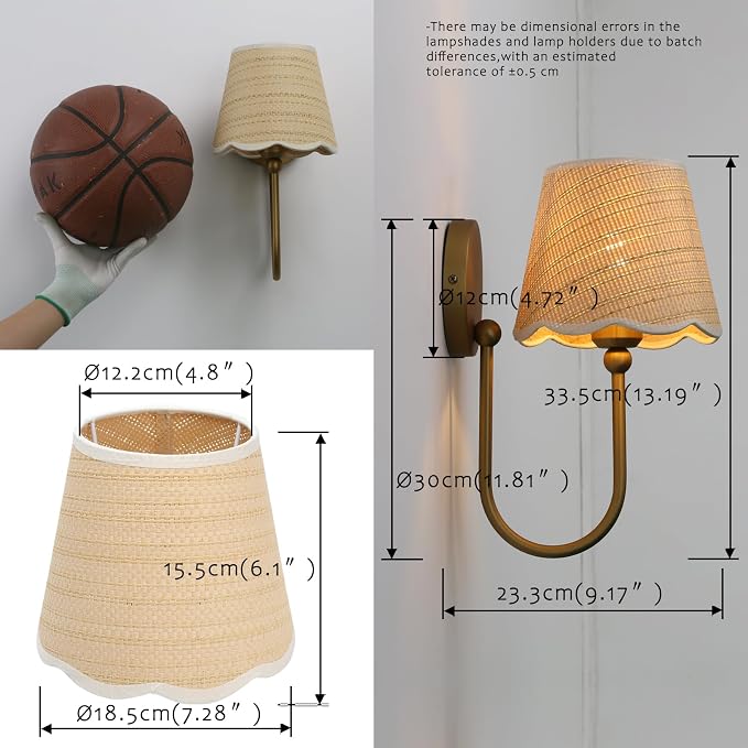 Hardwired Set of 2 Wall Sconces Boho Rattan Lampshade, Vintage Curved Arm Bathroom Vanity Lights, Indoor Wall Decor Lamp for Living Room, Bedroom, Foyer