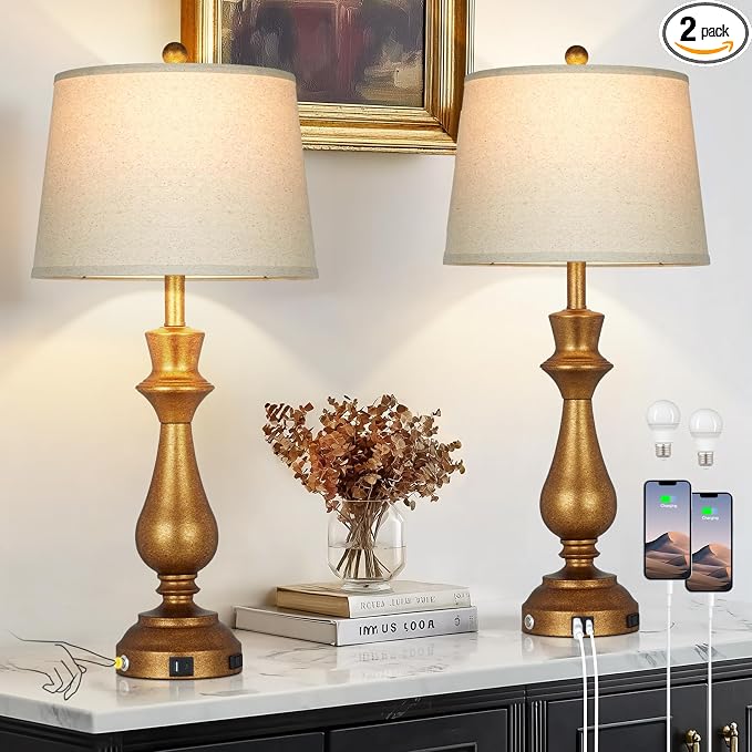 Retro Gold Table Lamps Set of 2 for Living Room,30" Tall Bedside Lamp with USB Charging Port,3-Way Dimmable Touch Nightstand Lamp for Bedroom Desk Side Table Office,Copper Gold