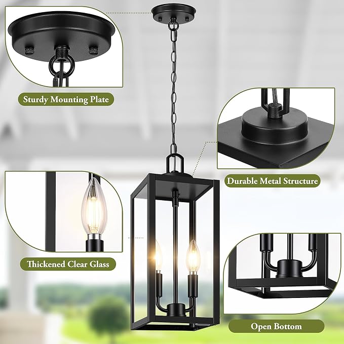 15” Large Outdoor Pendant Light, 2-Light Hanging Lantern, Black | Hanging Height Adjustable, Waterproof, Rust-Resistant, Durable Metal & Clear Glass, Dual E12 Sockets, Easy to Install