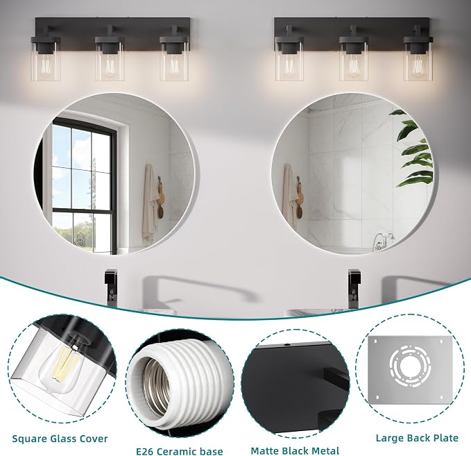 Bathroom Lighting Fixtures Over Mirror, Square Design & Rectangle Large Backplate, 3 Lights Morden Vanity Lighting Fixtures, Bathroom Light Fixtures for Bathroom/Living Room/Bedroom, Black