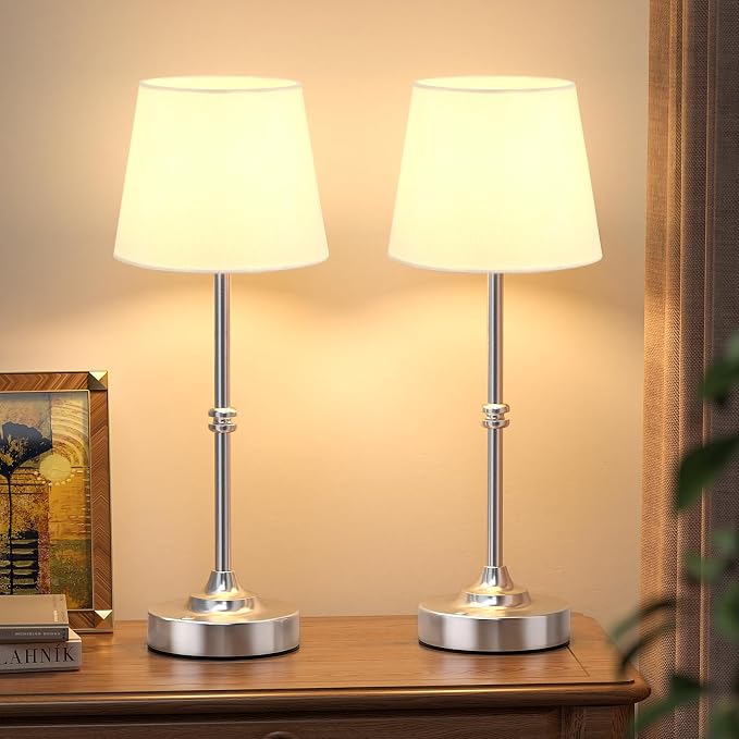 Kakanuo Rechargeable Cordless Table Lamp Silver - 2 Pack 4000mAh Battery Operated Lamp, 3000K Warm Light, Touch Control Stepless Dimming, for Bedside, Dining Table, Home Decor